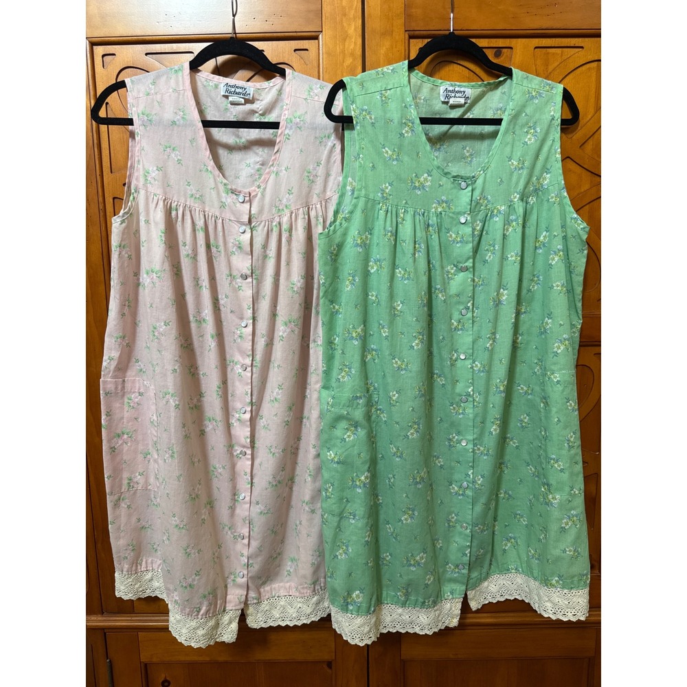 Anthony Richards Floral Duster Robe Set 2 Sleeveless Snap Front Lace Trim 1X